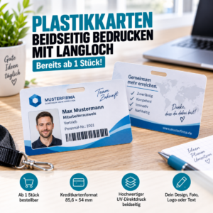 Plastikkarten beidseitig bedrucken mit Langloch – individuell ab 1 Stück