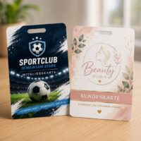Beidseitig bedruckte Plastikkarten mit Langloch und individuellem Design
