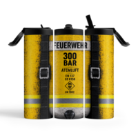 Feuerwehr Tumbler 600 ml im Atemluftflaschen-Design – Vorderseite und Seitenansichten