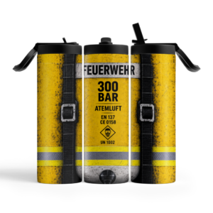 Feuerwehr Tumbler 600 ml im Atemluftflaschen-Design – Vorderseite und Seitenansichten