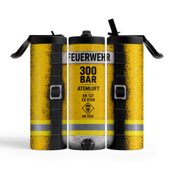 Feuerwehr Tumbler 600 ml im Atemluftflaschen-Design – Vorderseite und Seitenansichten