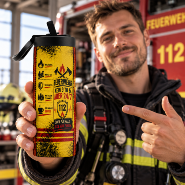 Feuerwehrmann präsentiert Feuerwehr Tumbler 600 ml mit 112 und 24/7 Motiv