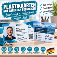 Plastikkarten beidseitig bedrucken mit Langloch – individuell ab 1 Stück