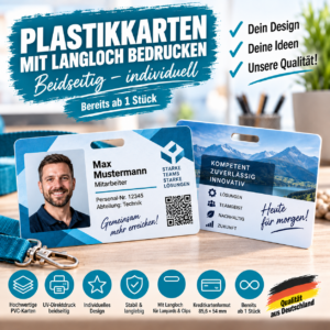 Plastikkarten beidseitig bedrucken mit Langloch – individuell ab 1 Stück