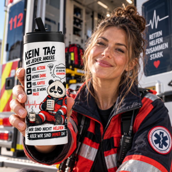 Rettungsdienstlerin präsentiert Rettungsdienst Tumbler 600 ml mit lustigem Kein Tag wie jeder andere Motiv