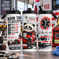 Rettungsdienst Tumbler 600 ml mit humorvollem Panda Motiv und drei Ansichten