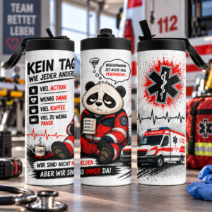 Rettungsdienst Tumbler 600 ml mit humorvollem Panda Motiv und drei Ansichten
