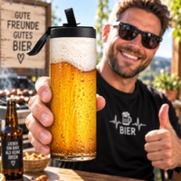 Mann präsentiert 600 ml Bier Tumbler im realistischen Bierglas Look