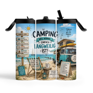 Camping Tumbler 600 ml mit Wohnmobil und Strandmotiv in drei Ansichten