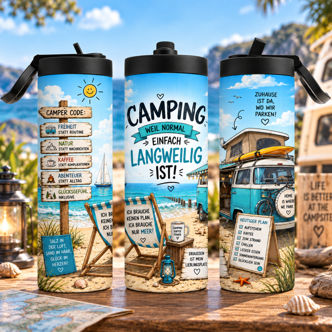 Camping Tumbler 600 ml mit Wohnmobil Strand und Spruch Camping weil normal einfach langweilig ist