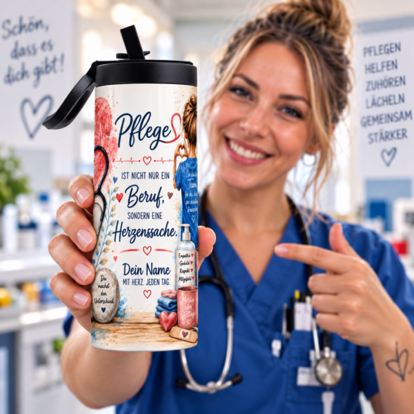 Pflegekraft präsentiert personalisierten Pflege Tumbler 600 ml mit Name und Herzenssache Motiv