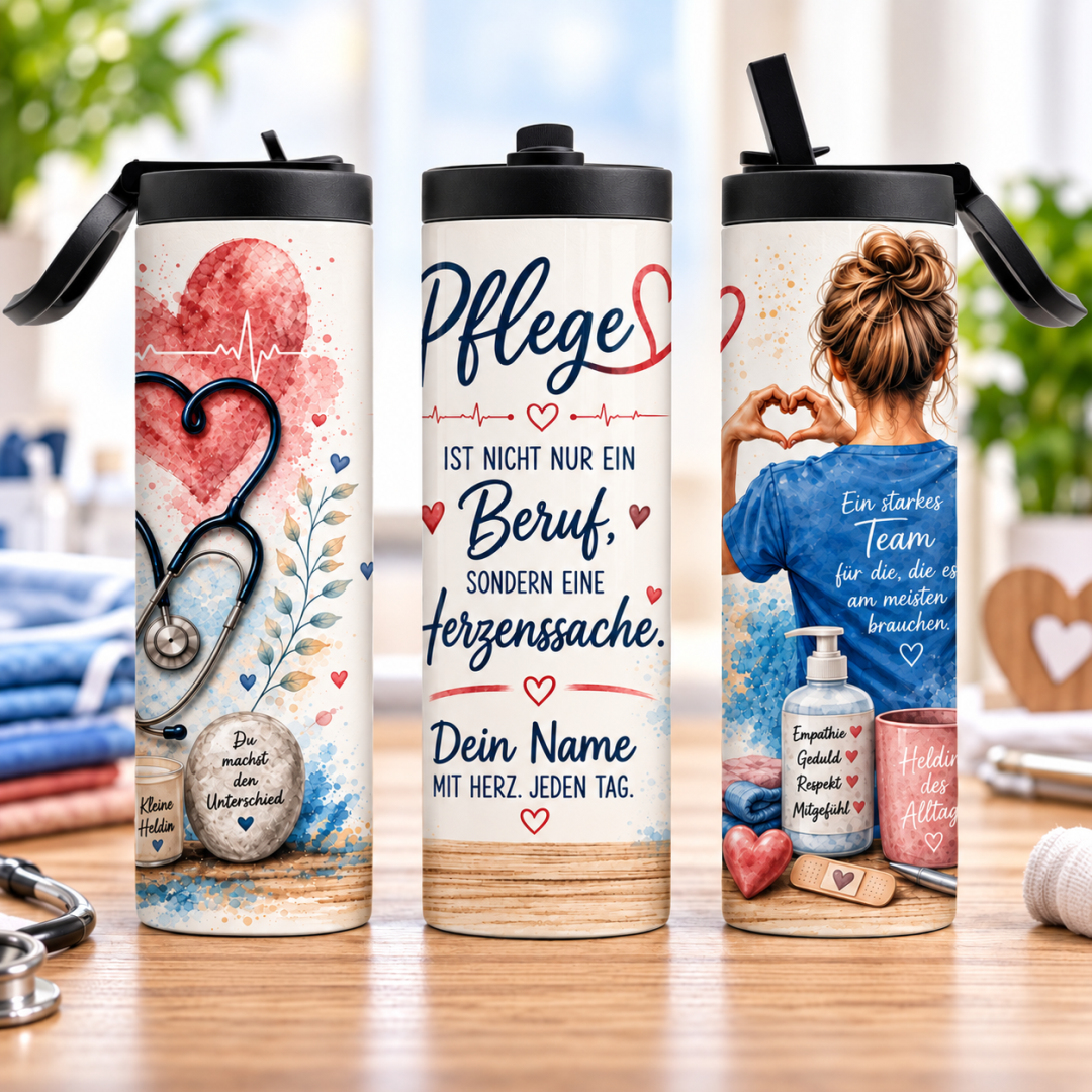 Personalisierter Pflege Tumbler 600 ml personalisiert mit Name – Geschenk für Pflegekräfte und Krankenschwestern