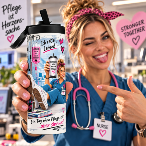 Pflege Tumbler 600 ml mit lustigem Schwester aus Leidenschaft Motiv – Geschenk für Pflegekräfte
