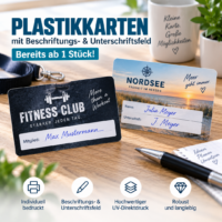 Individuell bedruckte Plastikkarten mit Beschriftungsfeld beidseitig bedrucken und Unterschriftsfeld, ab 1 Stück