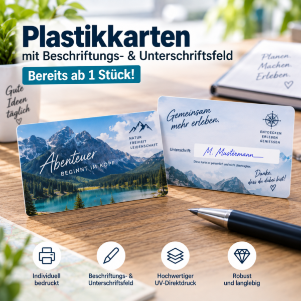 Individuell einseitig bedruckte Plastikkarten mit Beschriftungsfeld & Unterschriftsfeld, ab 1 Stück