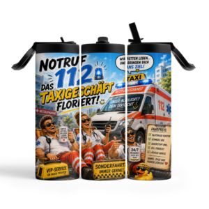 Rettungsdienst Tumbler mit Notruf 112 Motiv – Vorderseite und Seitenansichten des 600 ml Thermobechers