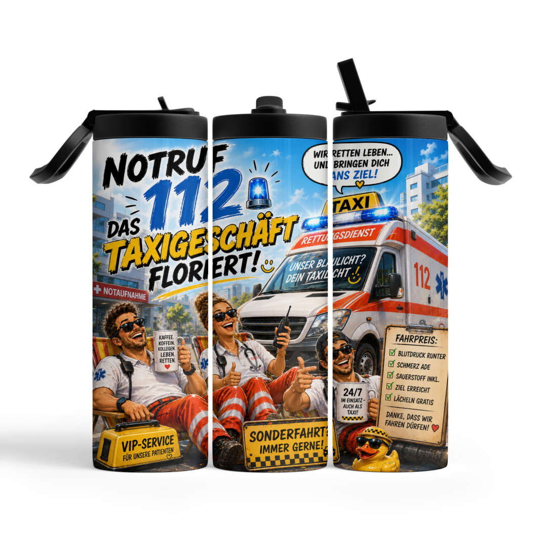 Rettungsdienst Tumbler mit Notruf 112 Motiv – Vorderseite und Seitenansichten des 600 ml Thermobechers