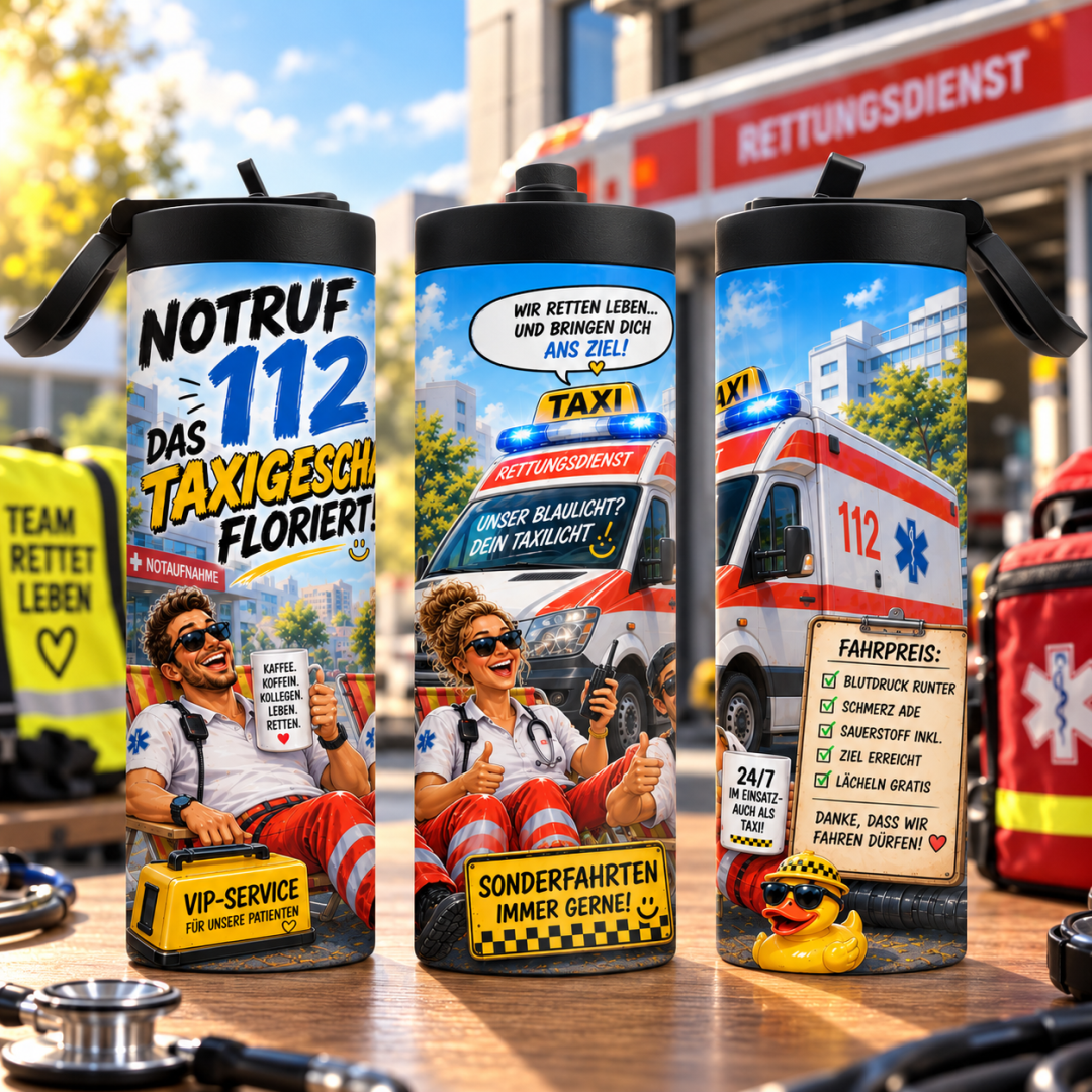 Rettungsdienst Tumbler 600 ml mit Notruf 112 und lustigem Taxigeschäft-Motiv in drei Ansichten