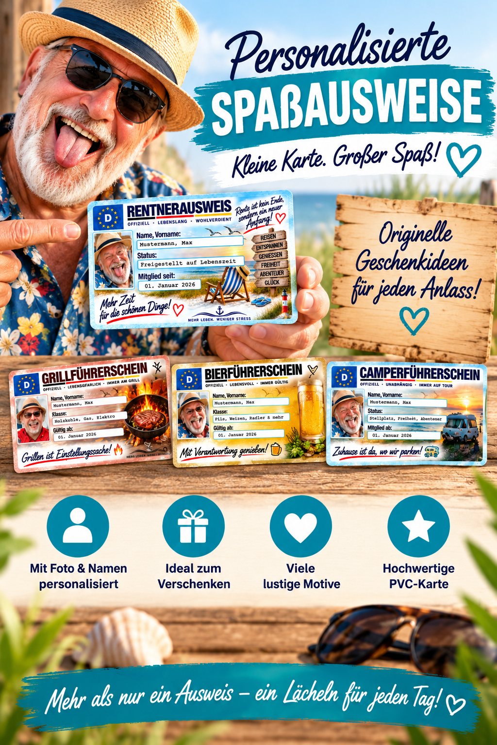 Personalisierte Spaßausweise mit Foto und Namen als lustige Geschenkidee
