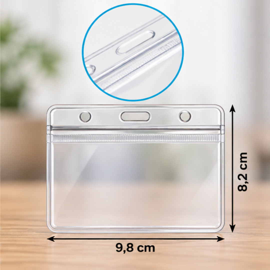 Transparente Ausweishülle im Querformat mit Außenmaßen 98 × 82 mm und Befestigungslöchern