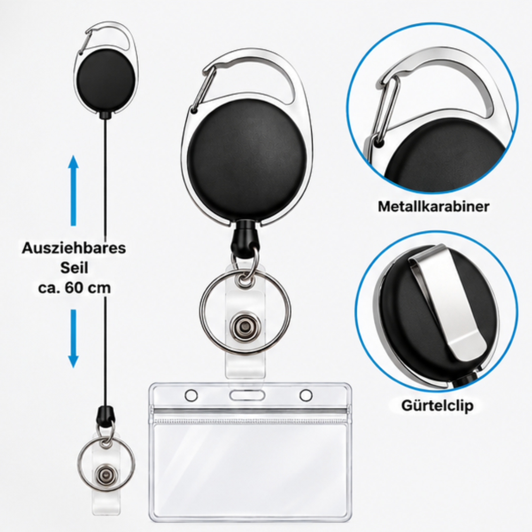 Schwarzes Ausweisjojo mit ausziehbarem Seil, Metallkarabiner und Gürtelclip