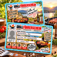 Grillführerschein personalisiert PVC mit Name, Datum und Foto, beidseitig bedruckt