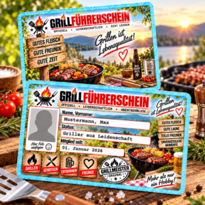 Grillführerschein personalisiert PVC mit Name, Datum und Foto, beidseitig bedruckt