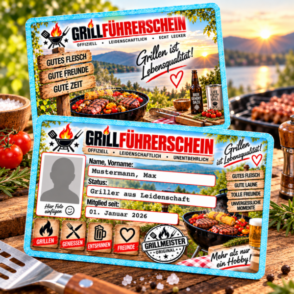 Grillführerschein personalisiert PVC mit Name, Datum und Foto, beidseitig bedruckt