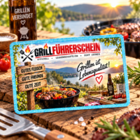 Rückseite des Grillführerscheins mit buntem Grillmotiv und Spruch Grillen ist Lebensqualität