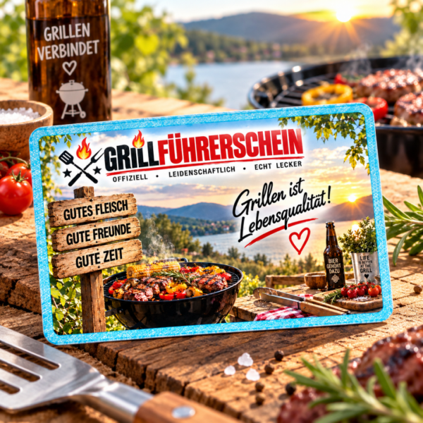 Rückseite des Grillführerscheins mit buntem Grillmotiv und Spruch Grillen ist Lebensqualität