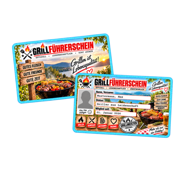 Grillführerschein als personalisierter Spaßausweis mit eigenem Foto, Name und Wunschdatum