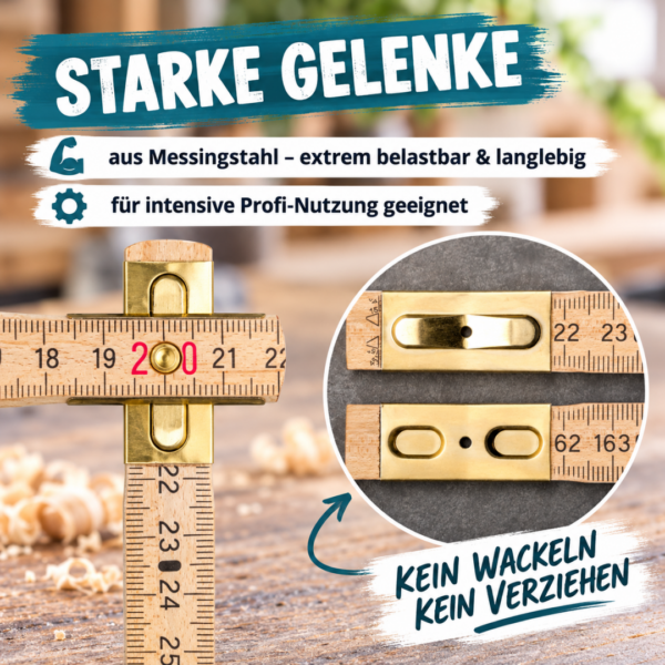 Detailaufnahme der stabilen Messingstahl-Gelenke eines 2m Holz-Zollstocks mit präziser Messskala