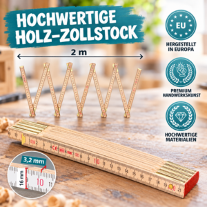 2m Holz-Gliedermaßstab mit stabilen Metallgelenken, Zentimeterskala und natürlicher Holzoberfläche