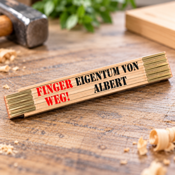 Personalisierter Holz-Zollstock mit Wunschnamen und Spruch „Finger weg! Eigentum von Albert“ – Geschenk für Handwerker